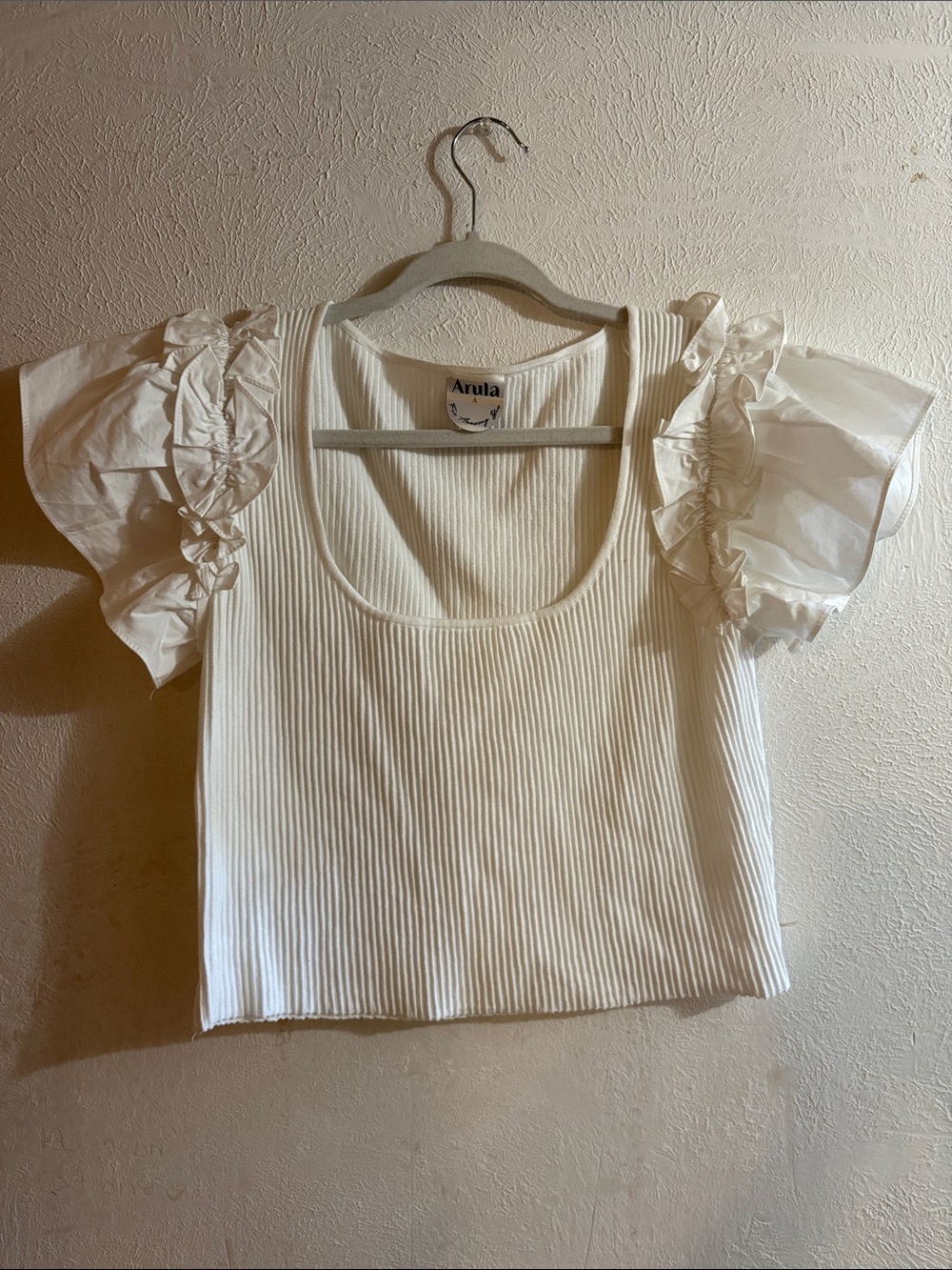 ARULA Cream Ribbed Crop Top with Sheer Ruffle Puff Sleeves